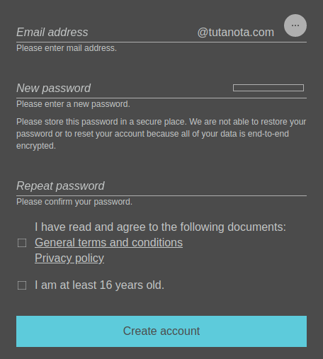 Screenshot of sign up for Tutanota