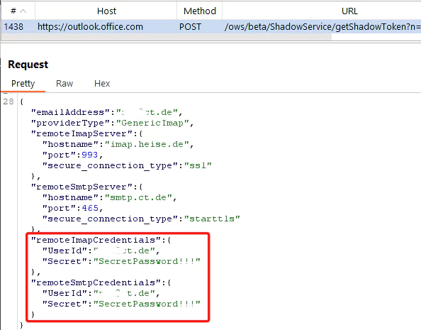 Screenshot des Codes: Outlook teilt Ihre Daten unverschlüsselt mit der Microsoft-Cloud.