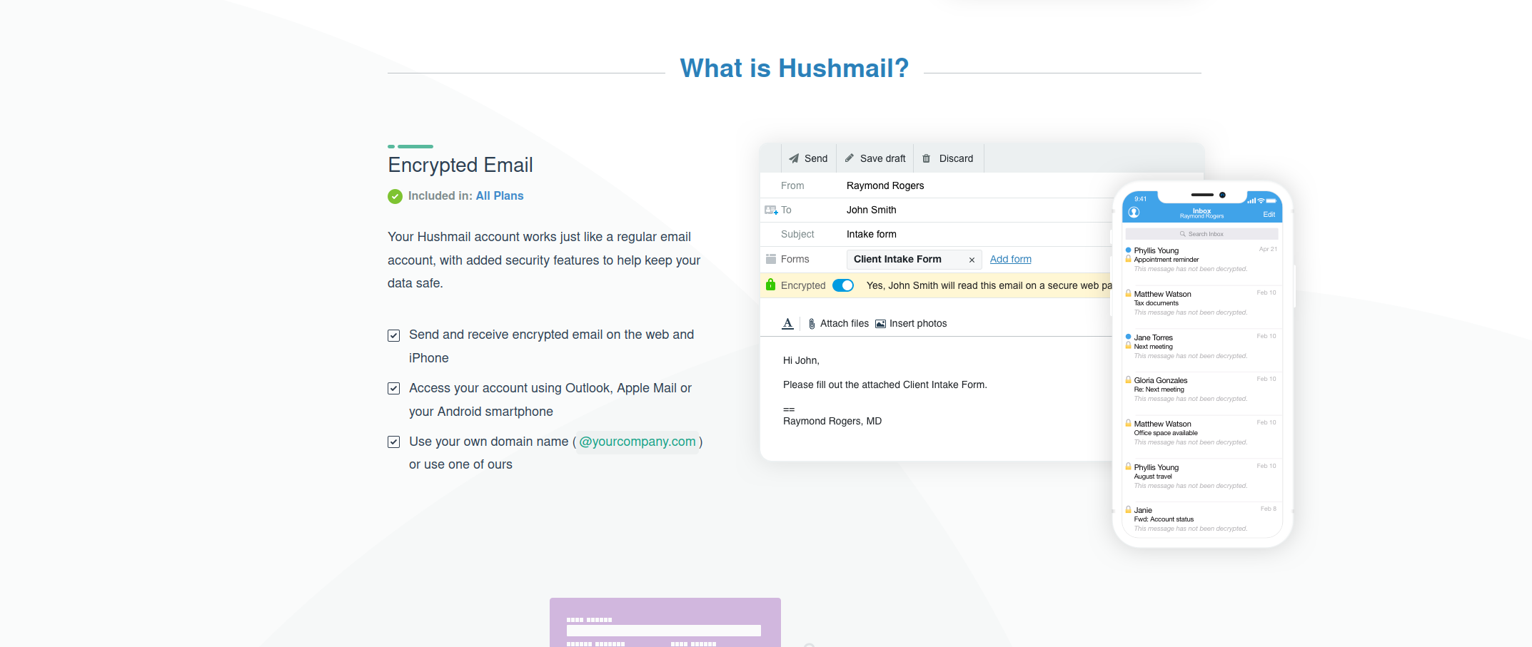 Screenshot von Hushmail, gute private Geschäfts-E-Mails für Fachleute aus den Bereichen Gesundheitswesen und Recht
