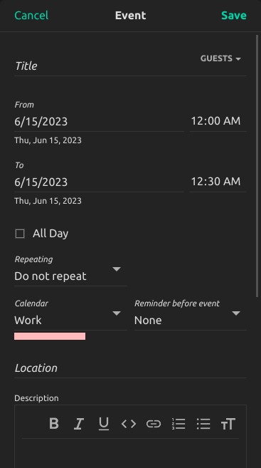 A dialog where new event can be created in the Tutanota calendar.