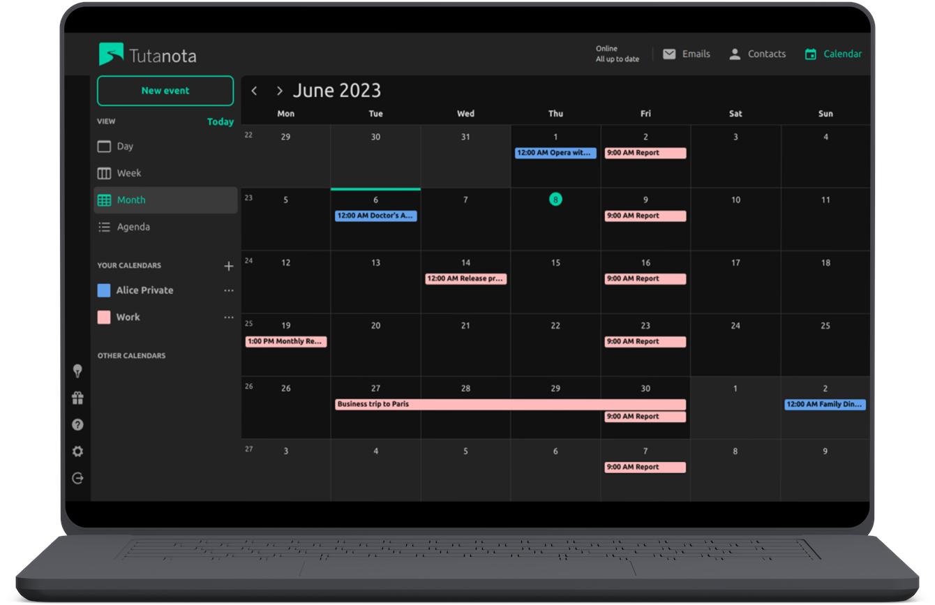 Zrzut ekranu przedstawiający zaszyfrowany kalendarz Tutanota.