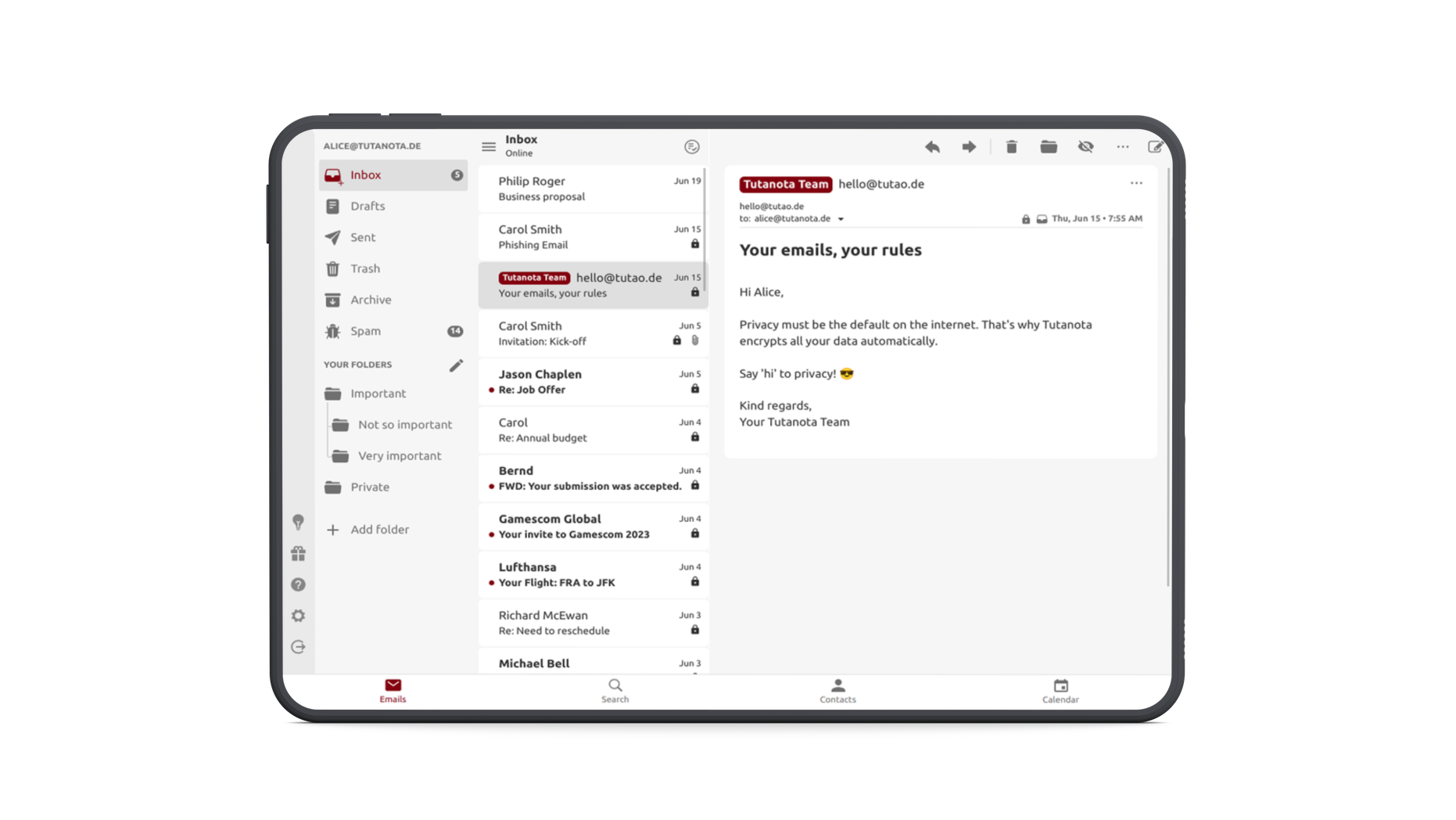 Email inbox shown in a horizontal orientation on a tablet