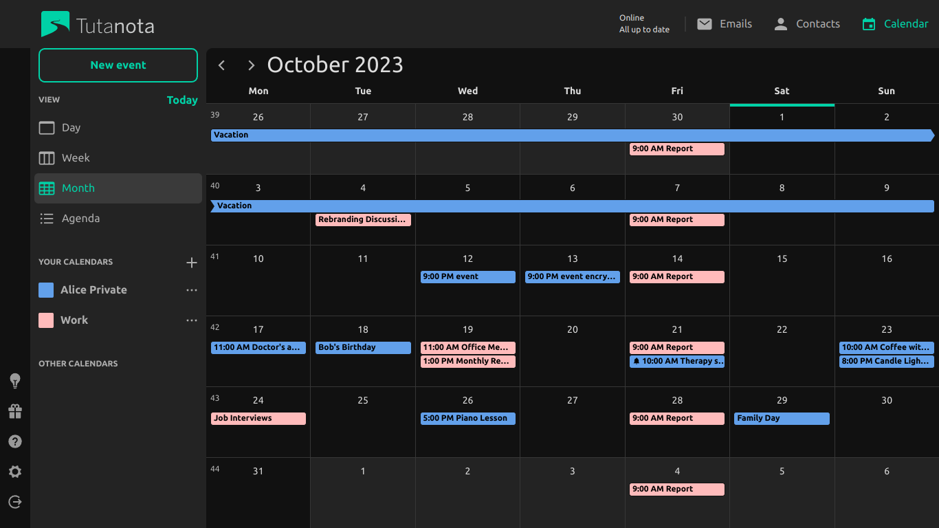 Captura de pantalla del calendario de Tutanota en modo oscuro.