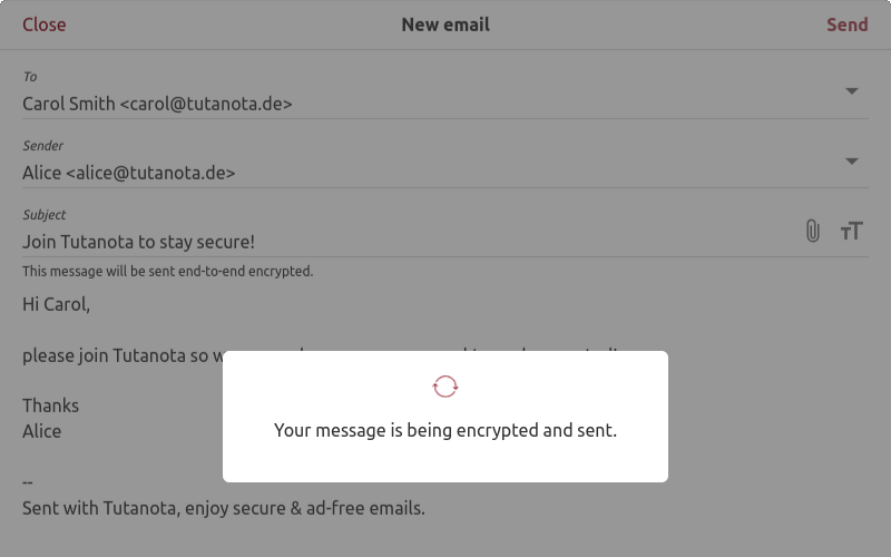 Screenshot van de anonieme Tutanota mailbox op verschillende apparaten.